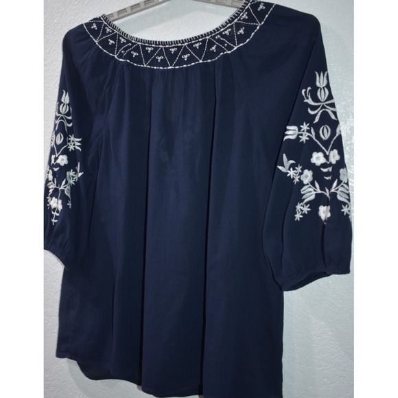 TALBOTS 1X Cotton Navy Blue White Embroidery 3/4 Sleeves Gauze Peasant Boho Top - Picture 11 of 16